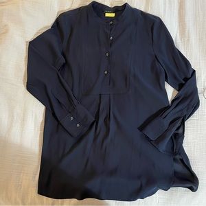 Navy banded collar long line blouse